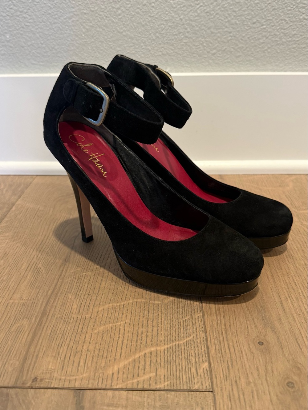Cole Haan Nike Air Black Suede Platform Ankle-Strap Pumps - Women's